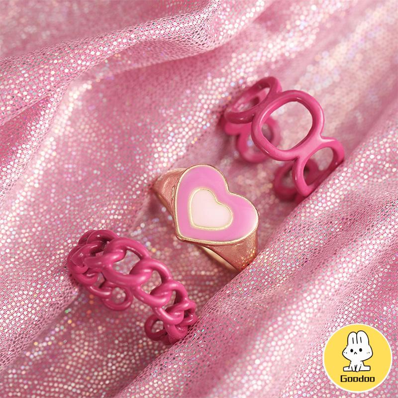 3PCS Heart Geometry Rings Cincin Geometri Jantung Cincin Mode Menetes Minyak yang Dapat Disesuaikan untuk Aksesoris Perhiasan Wanita -Doo