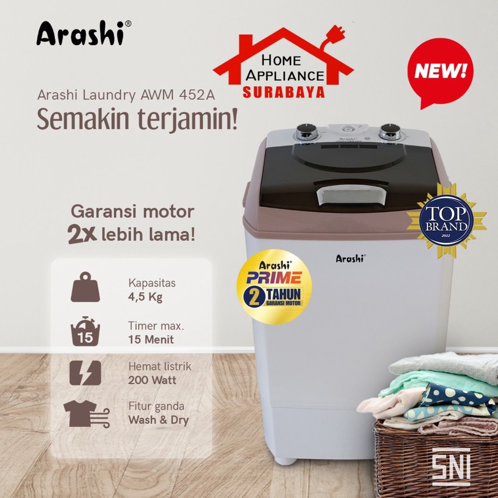 Mesin Cuci Arashi PRIME Kapasitas 4.5KG AWM-452A / AWM 452 A Garansi 2 Tahun