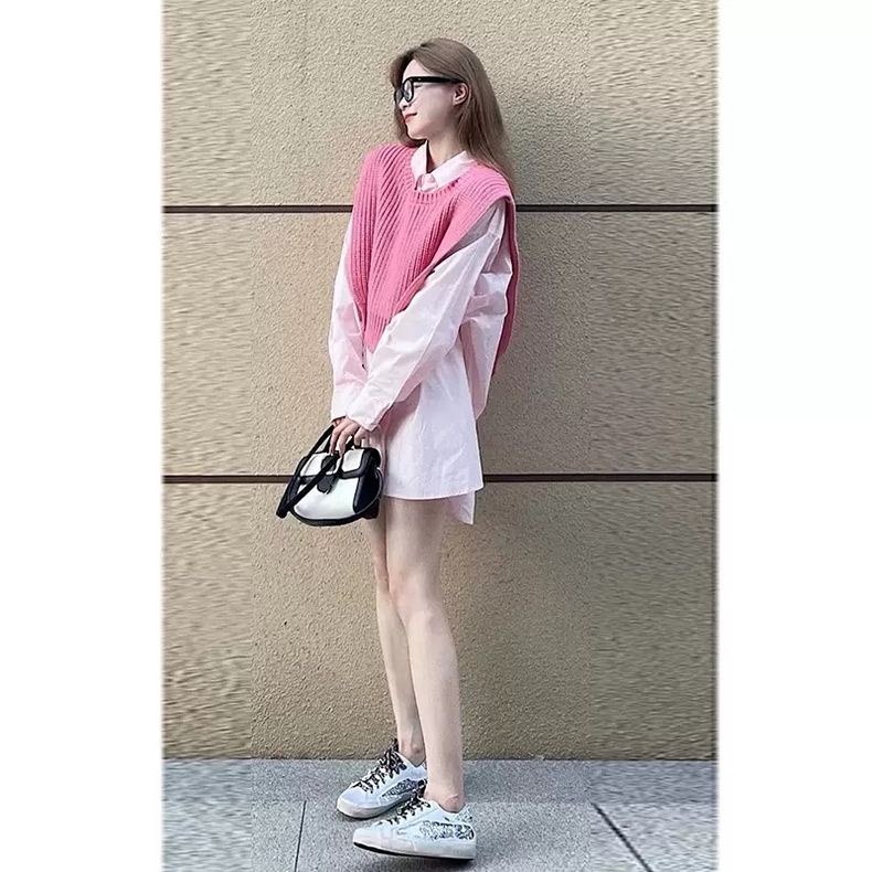 2022 new early autumn high-end Korean top light mature pink long-sleeved loose vest shirt two-piece