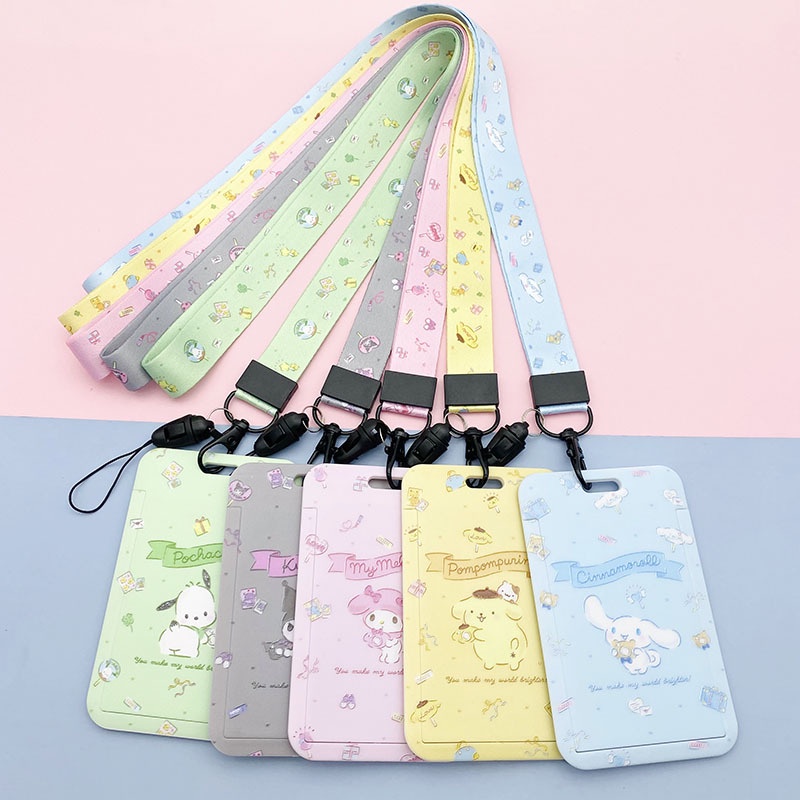 Lucu Pemegang Kartu Sanrio Anime Gambar Kartu Kasus Hello Kitty Melody kuromi Anak Bus Kartu Lengan dengan Lanyard untuk Anak Perempuan