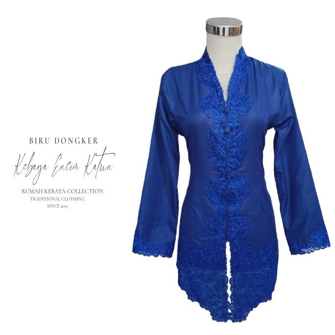 Kebaya Encim Kartini Katun Bordir Modern Biru Dongker Lengan Panjang
