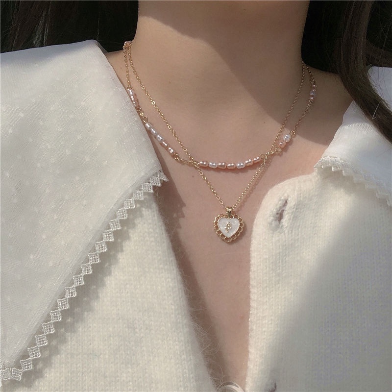 Pearl peach heart double-layer kalung perempuan 2022 musim panas baru high-end cahaya mewah super peri mawar rantai klavikula retro