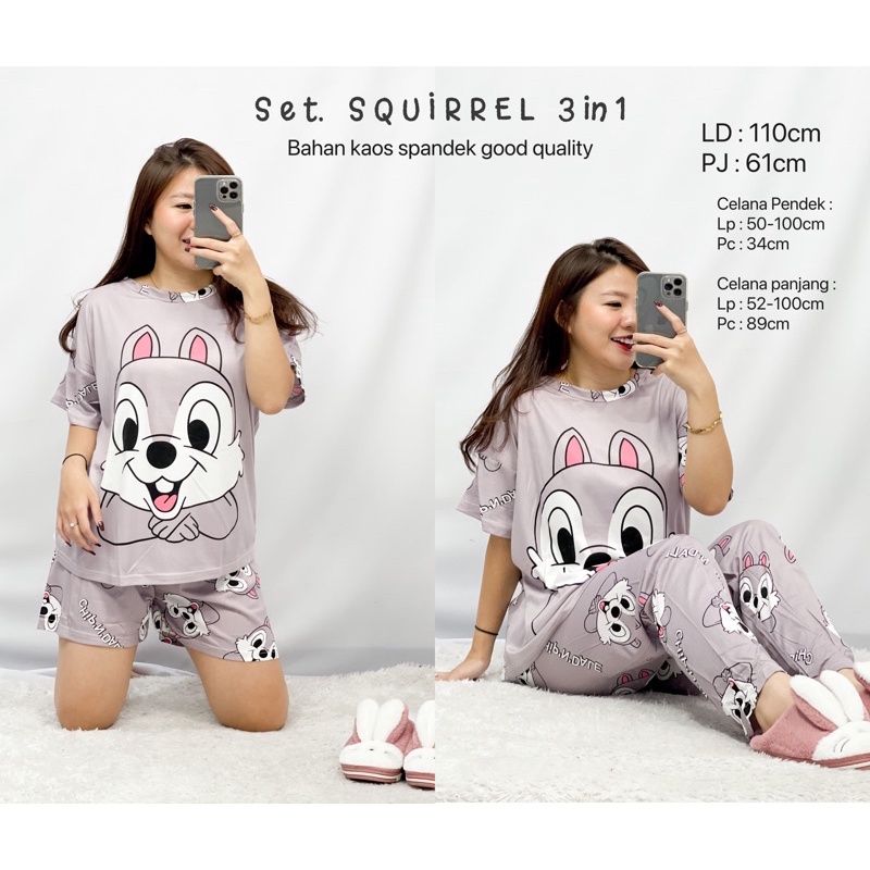 MDLV ~ BAJU TIDUR SET 3IN1 SQUIRREL BAJU TIDUR IMPORT CEWEK BEST SELLER PIYAMA DEWASA IMPORT