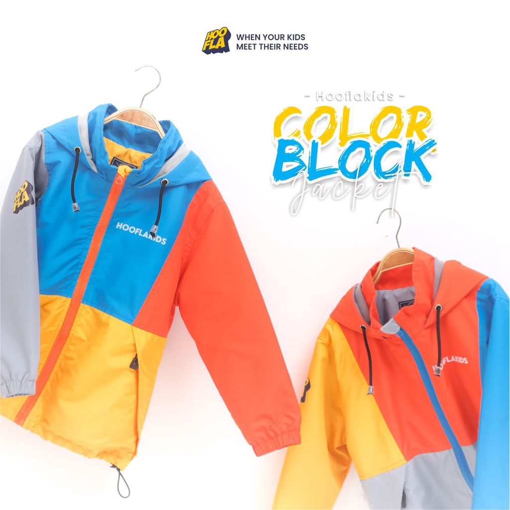 Hooflakids - Jaket Anak Hangat Windproof Tahan Angin Umur 6 sampai 12 Tahun Laki laki Bahan Parasut Waterproof Tebal Desain Color Block