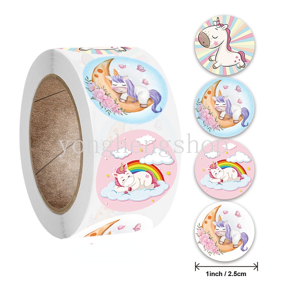 500pcs / roll Stiker Motif Kartun Unicorn Untuk Dekorasi Scrapbook / Hadiah Anak