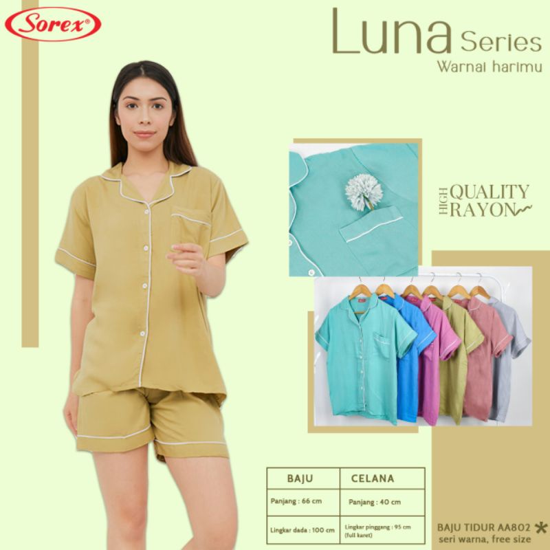 Sorex  Baju Tidur AA 802 (1 Set Atasan Pendek+Celana Pendek Luna Series Rayon Premium Piyama Freesize)