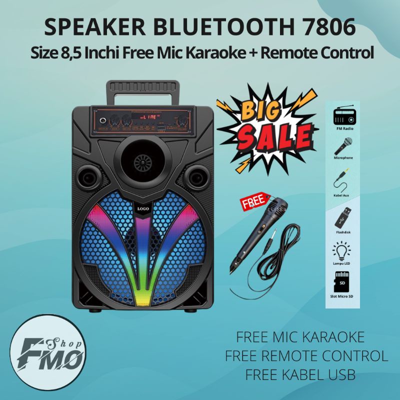 COD Speaker Wireless Bluetooth Portable 8,5 Inch 7806 Extra Bass Speaker Salon Aktif 8.5 Inch Bonus Free Mic Microphone Karaoke Kimiso Brain Power