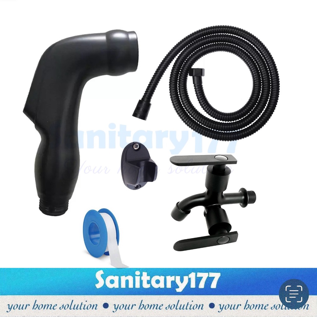 Paket Jet shower bidet Hitam 98F &amp; stop kran stainless hitam closet cecok kran cabang black complete set bundling shower toilet