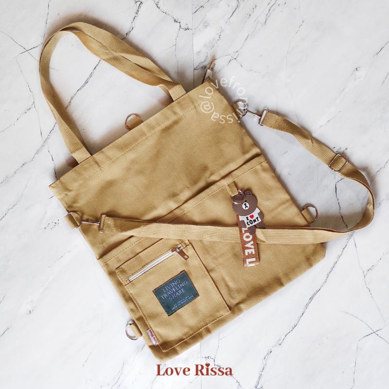 Tas Japanese Style Tas Selempang Tote Bag Ransel 3 in 1 Solid Color-Mocha