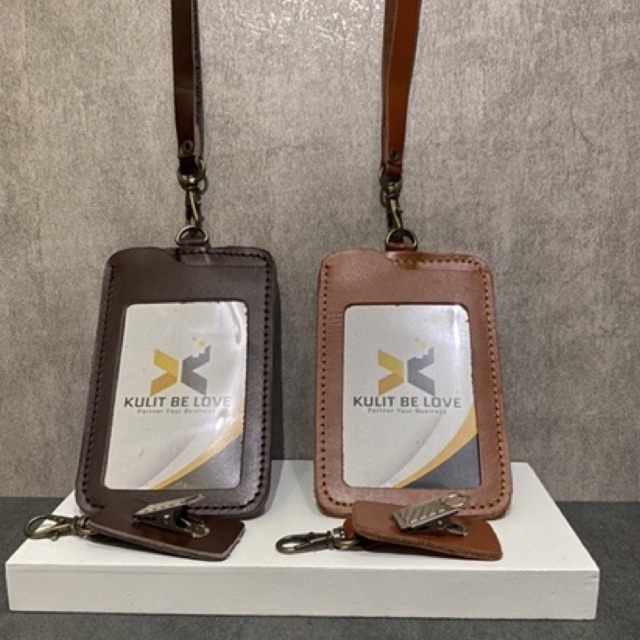 Id Card Holder Kulit Asli KBL dengan Tali dan Jepit
