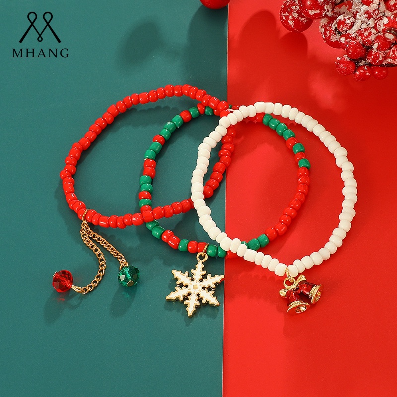 Set Gelang Manik-Manik Handmade Desain Lonceng Salju Natal Untuk Wanita