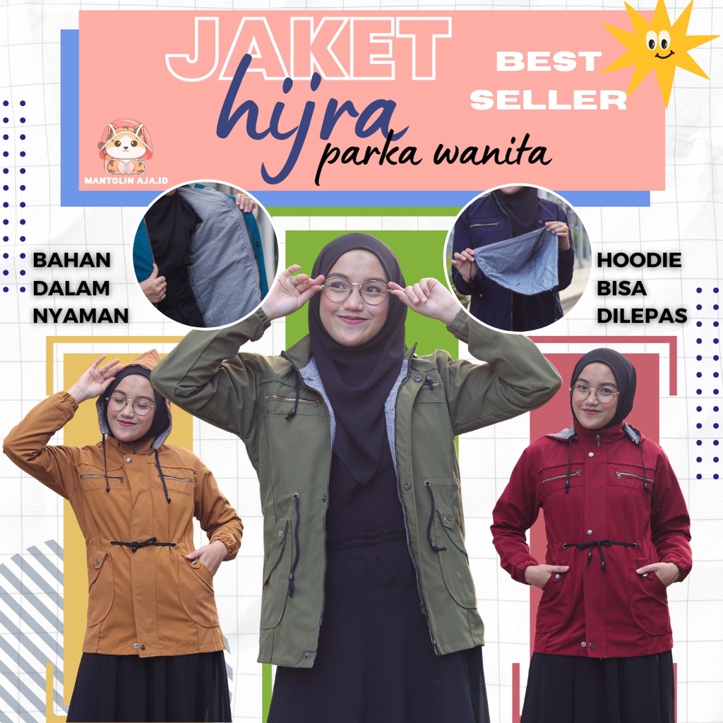 Jaket Wanita Parka Hijra Bahan Kanvas TR Premium Ukuran L XL Hoodie Bisa Dilepas Terlaris