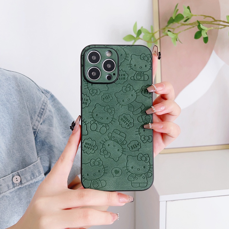 Cute HelloKitty Skin Feeling Full Screen Leather Hard Phone Case Untuk Iphone 7 8 14 Plus 7+ 8+ 14+ IP X Xr Xs Max Casing iPhone 11 12 13 14 Pro Max Sarung Handphone Shin Case