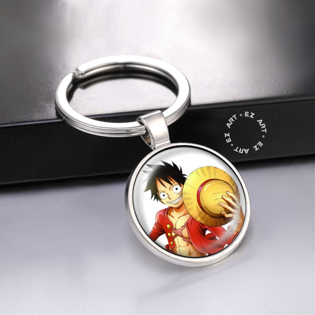 GANTUNGAN KUNCI GANCI ANIME ONE PIECE LUFFY HEART PIRATES LIONTIN BULAT KACA CEMBUNG