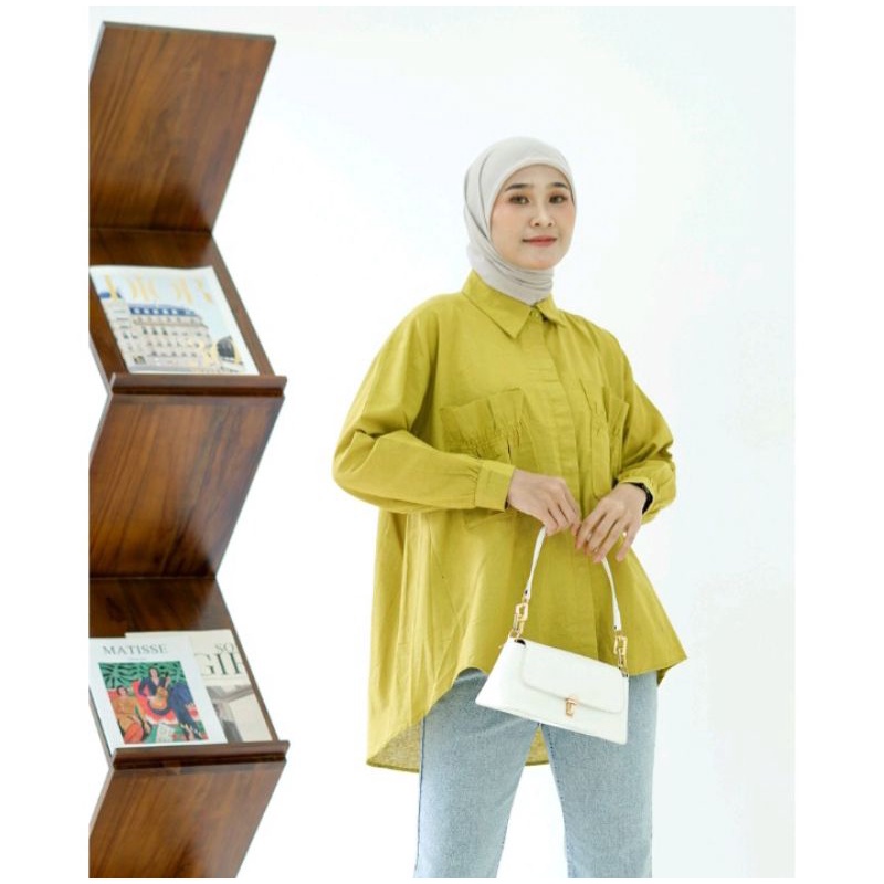 Kalisa Shirt Linen - Kemeja Linen Pocket - Atasan Baju Wanita - Oversized Shirt Linen - Jumbo Ld120