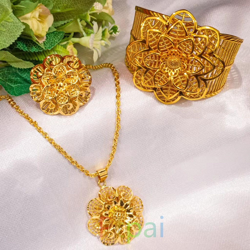 Set Xuping Gelang Kendari kalung cincin Terbaru Dubai Perhiasan lapis Emas 24k