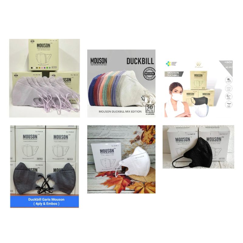 Masker Duckbill Mouson Putih Hitam Abu Abu Mix Warna 4ply isi 50pcs Emboss Earloop Dewasa 3 ply 4 pl