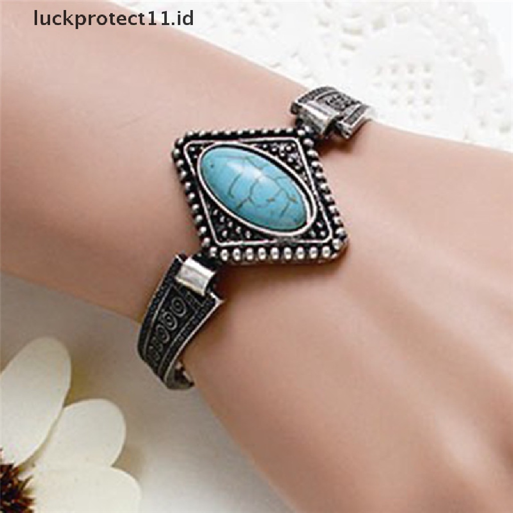 Gelang Rantai Bangle Cuff Warna Silver Turquoise Gaya Tibet Untuk Wanita