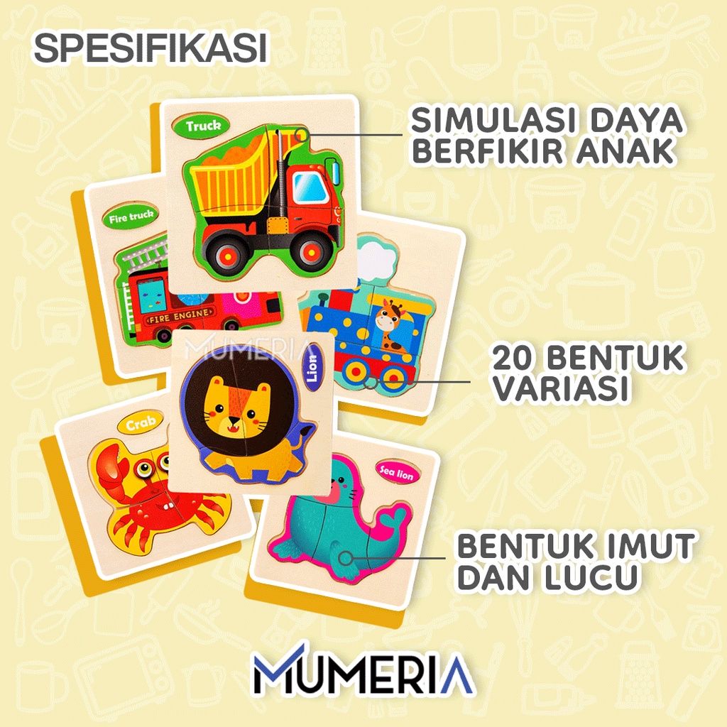 Puzzle Jigsaw Children Toy Wooden Mainan Kayu Edukasi Montessori Anak 20 Gambar Karakter Hewan Kendaraan Lucu Murah Bagus