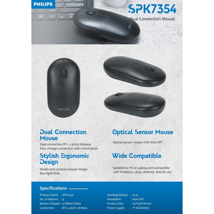 Mouse Philips M-354 Bluetooth Wireless Dual Mode 1600DPI- PHILIPS M354