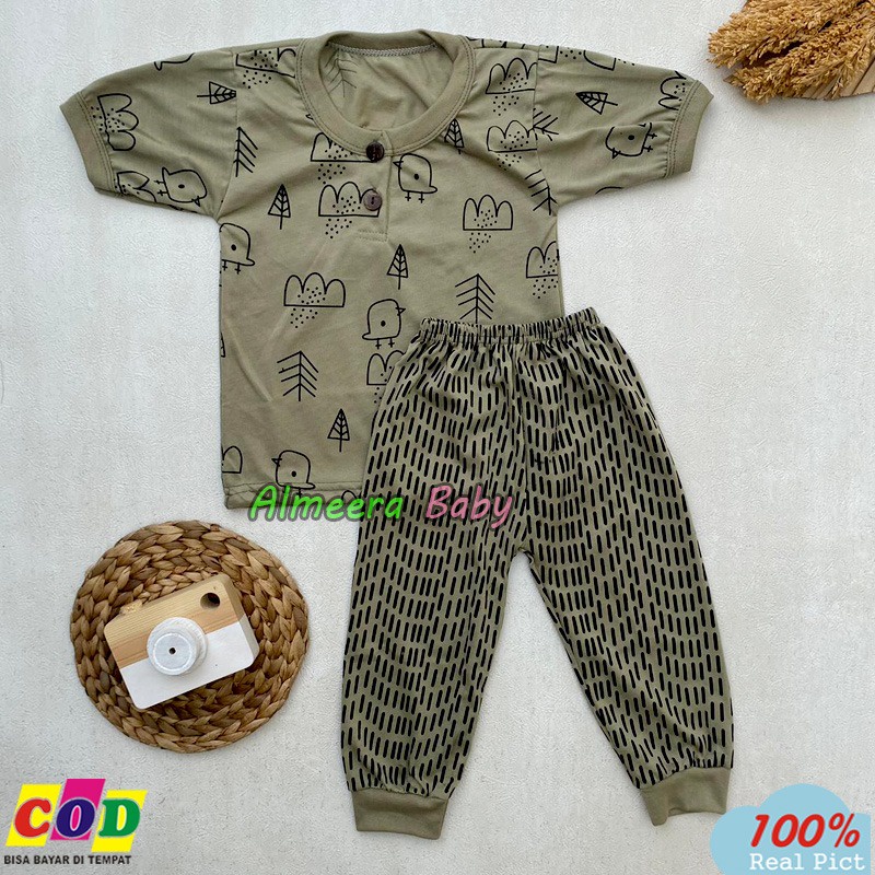 Setelan Baju Bayi Piyama Bayi Lengan Pendek Celana Panjang Kancing Depan Usia 3-12 Bulan Almeera Baby and Kids