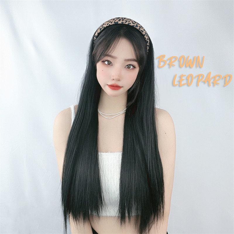 Wig Bando Cantik Wanita Motif Leopard Long Straight Natural Hair Korean Version