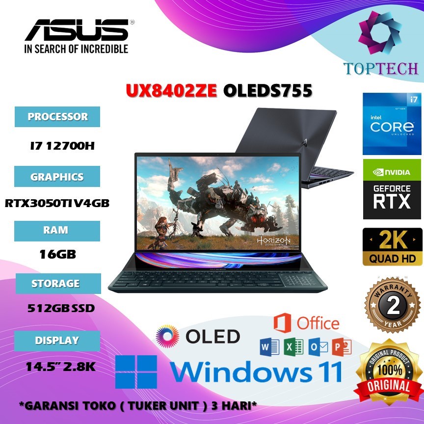 LAPTOP GAMING ASUS ZENBOOK PRO DUO 14 OLED UX8402ZE OLEDS755 TOUCH 2.8K 120HZ RTX3050TI 4GB I7 12700H RAM 16GB 512GB SSD W11