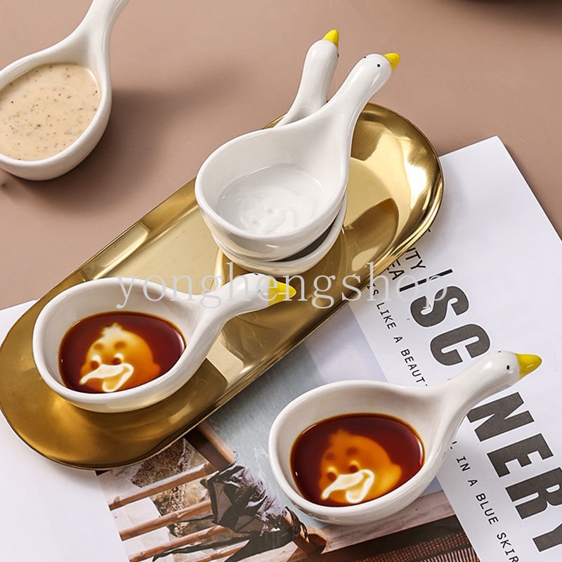Mangkok Saus / Cuka / Salad / Bumbu Bahan Keramik Desain Angsa Kartun Ukuran Mini Untuk Dapur