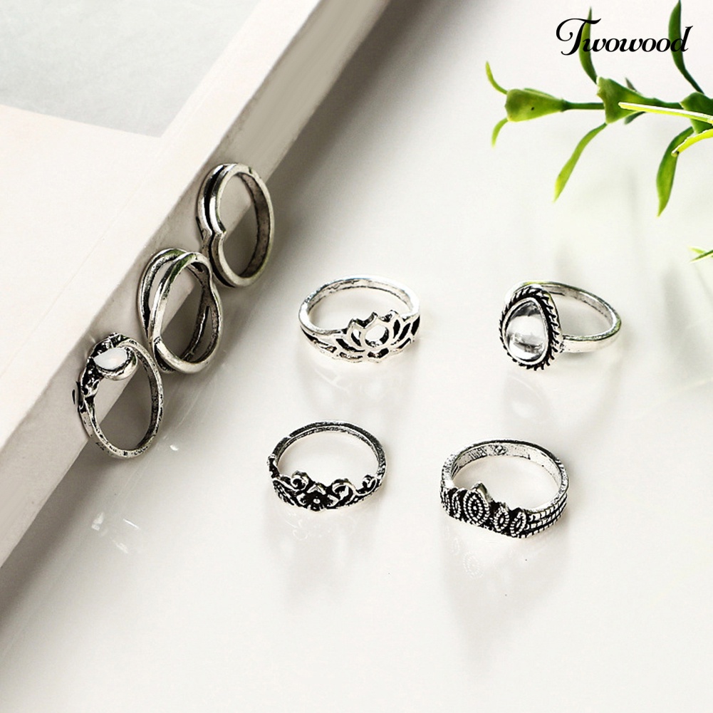 7 Pcs Cincin Knuckle Midi Desain Ukiran Bunga Teratai Tetesan Air Rongga Gaya Vintage Untuk Wanita