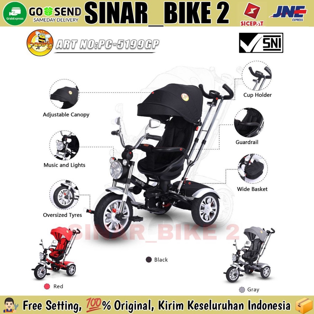 Sepeda Roda 3 Tiga PACIFIC PC-5199 Tricycle Stroller Anak Model Motor Ban Karet