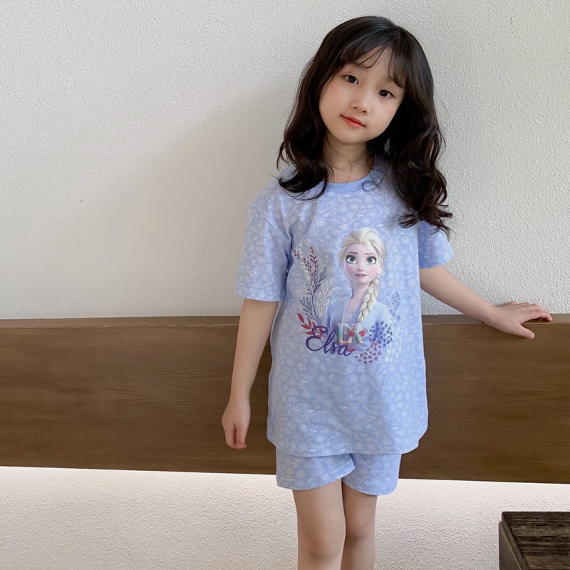 LNR Shop PA-018 Piyama Anak Perempuan Frozen Elsa Baju Tidur Setelan Lengan Panjang Lengan Pendek Celana Panjang Pendek Bahan Lembut Nyaman Dipakai Piyama Set Piyama Anak Perempuan Pajamas