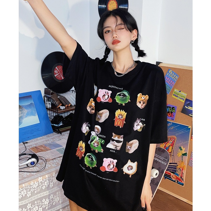 EUNII T-shirt Lengan Pendek Cute Cat Life Korean Style/Kaos Atasan Wanita/Baju Kaus Oversize Wanita