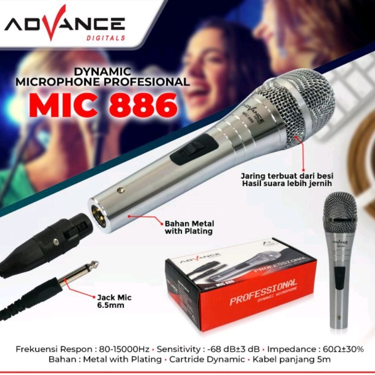 Jual Mic Kabel Advance Mic 884 Mic 885 Mic 886 Dynamic Microphone 1.8cm swich On / Off mic murah