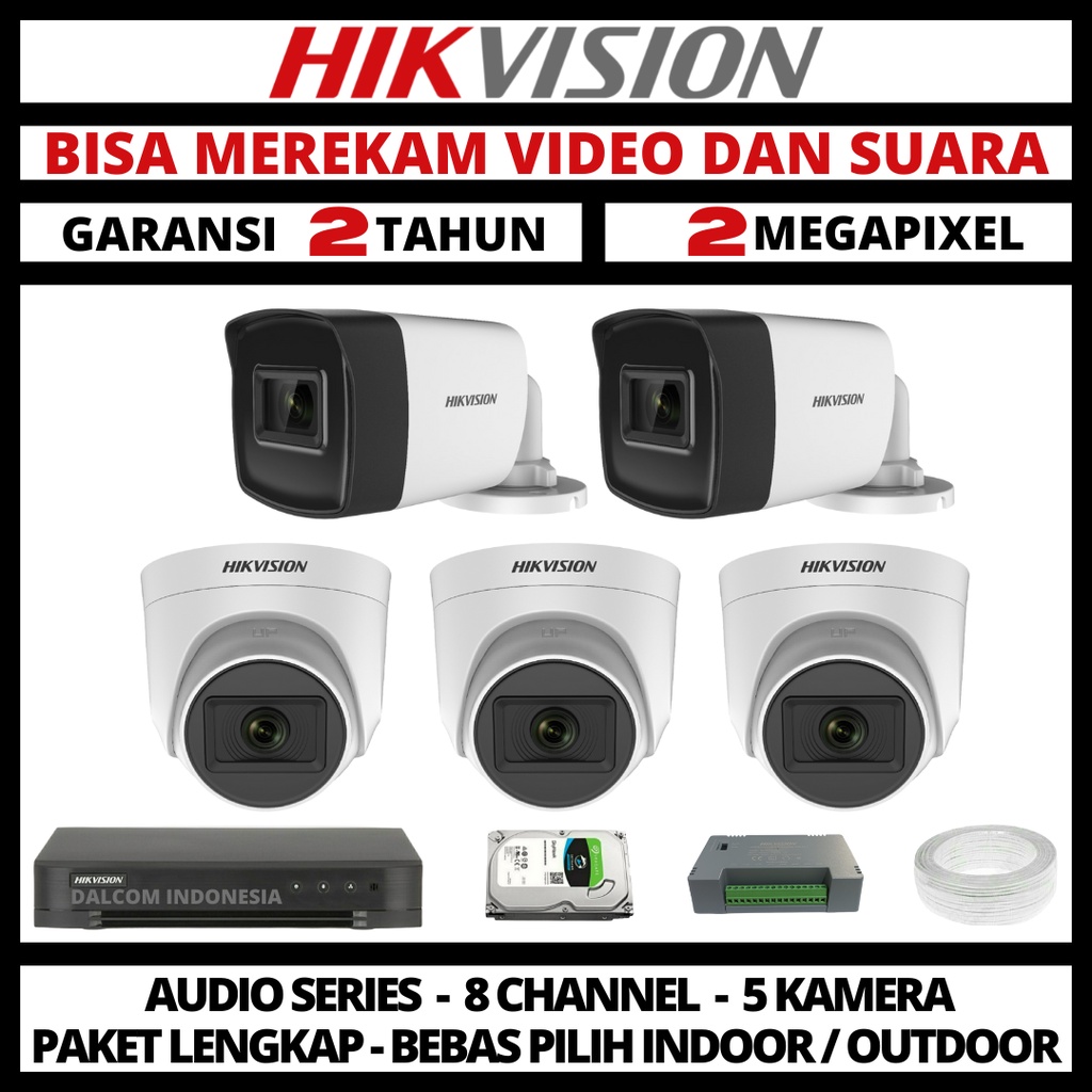 PAKET CCTV HIKVISION 2MP 8 CHANNEL 5 CAMERA TURBO HD 1080P KAMERA CCTV &amp; DVR FULL HIKVISION