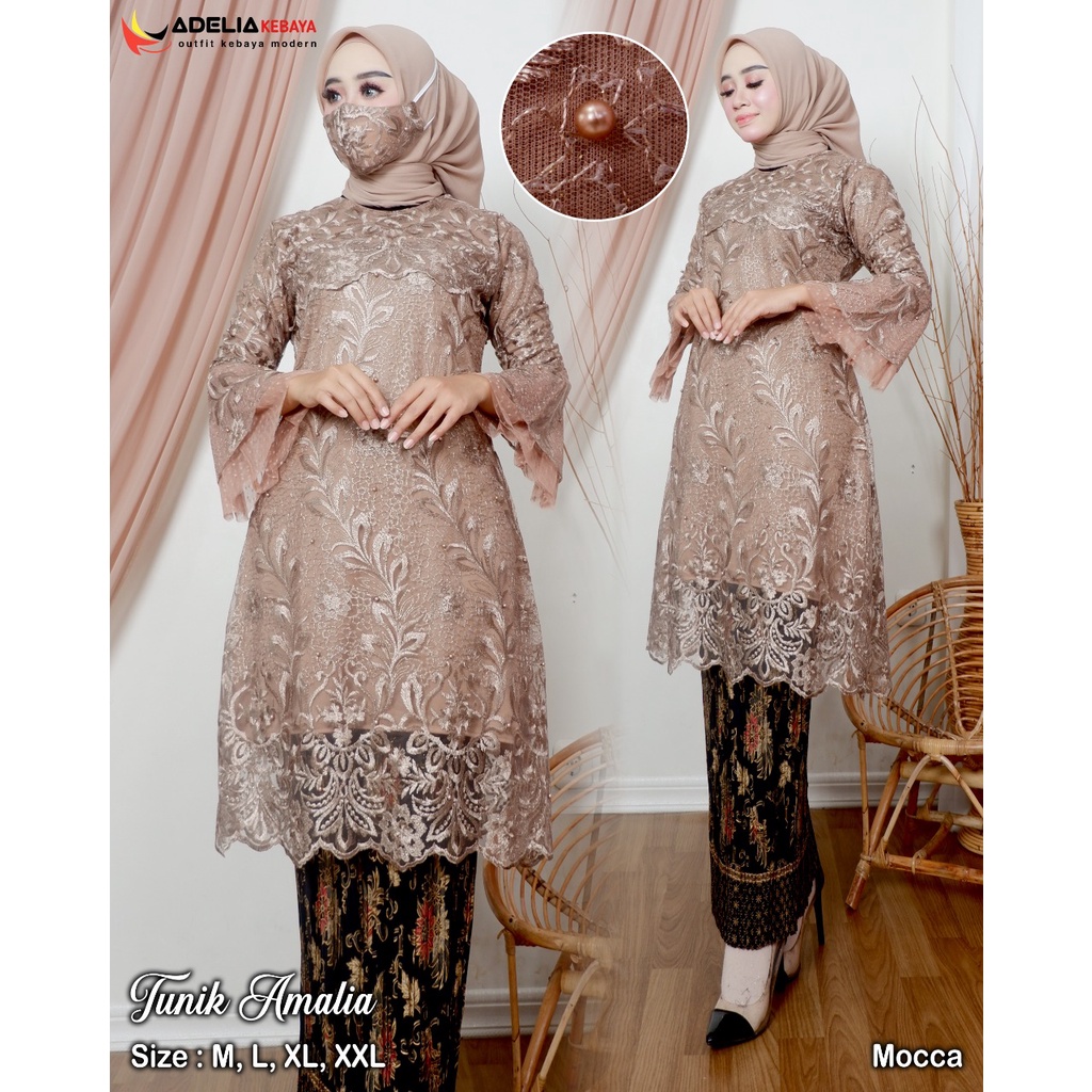 ( COD ) Setelan kebaya tunik amalia - kebaya modern - outfit kekinian - bahan tulle bordir - motif elegan - baju pesta keluarga, akad, pakaian nikahan, atau wisuda