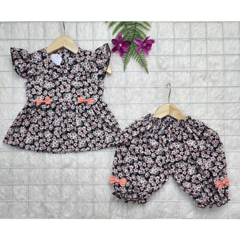 Baju bayi perempuan stelan celana bunga crinkle