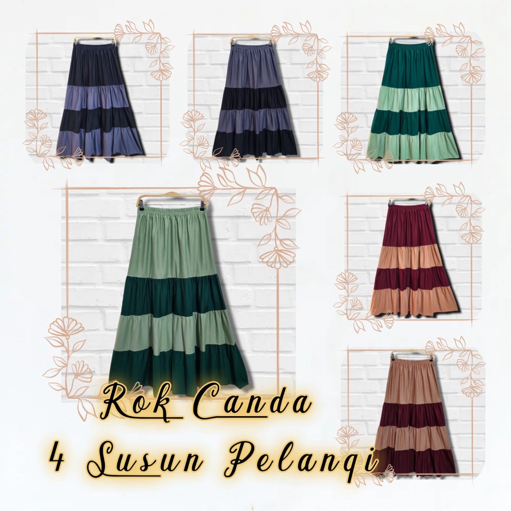 Rok Panjang Beraksen Kerutan 4Susun / Rok canda 4 susun motif pelangi