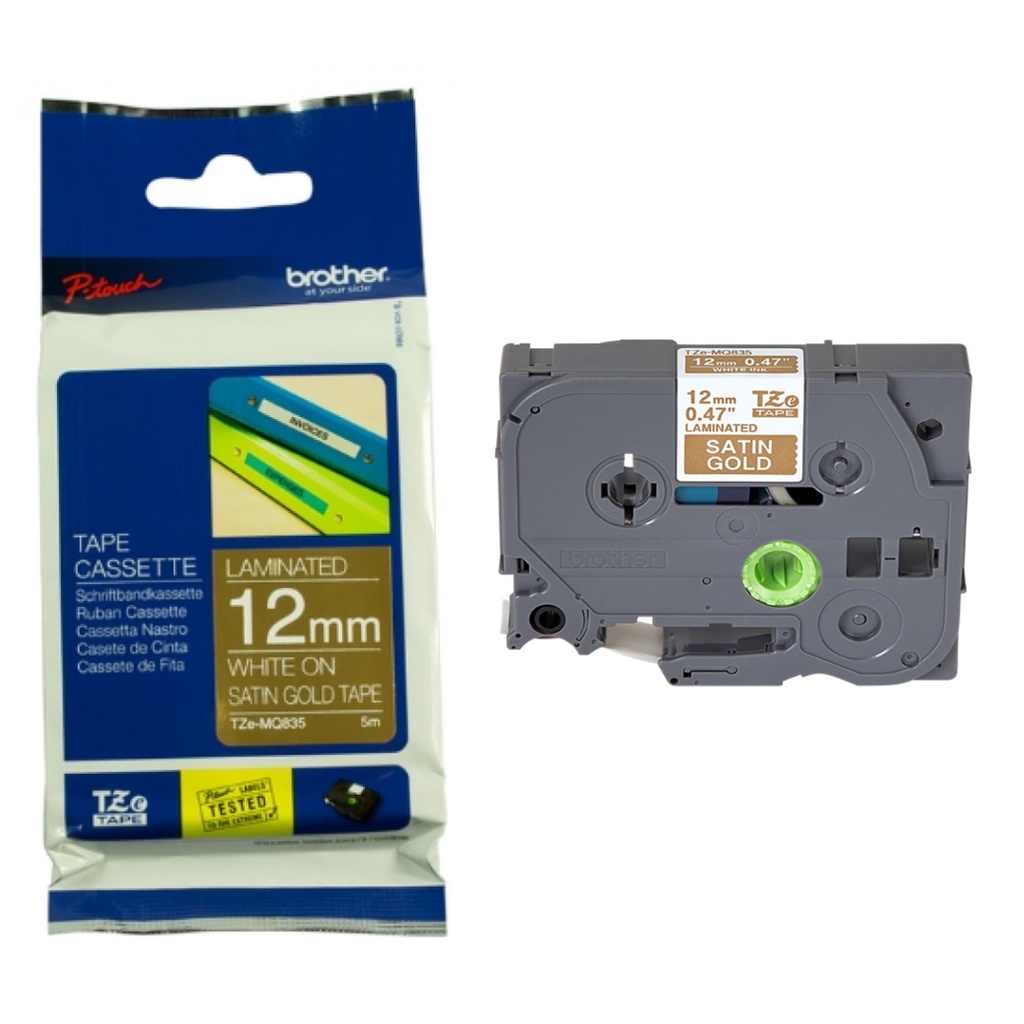 

BROTHER TZE-MQ835 12MM WHITE ON SATIN GOLD (5 METER) TZE MQ835