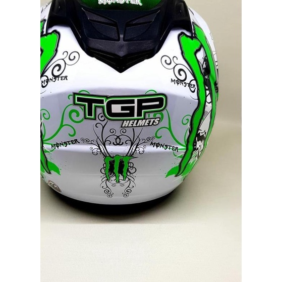 Helm Helmet Helem double visor BXP motif monster Putih Hijau