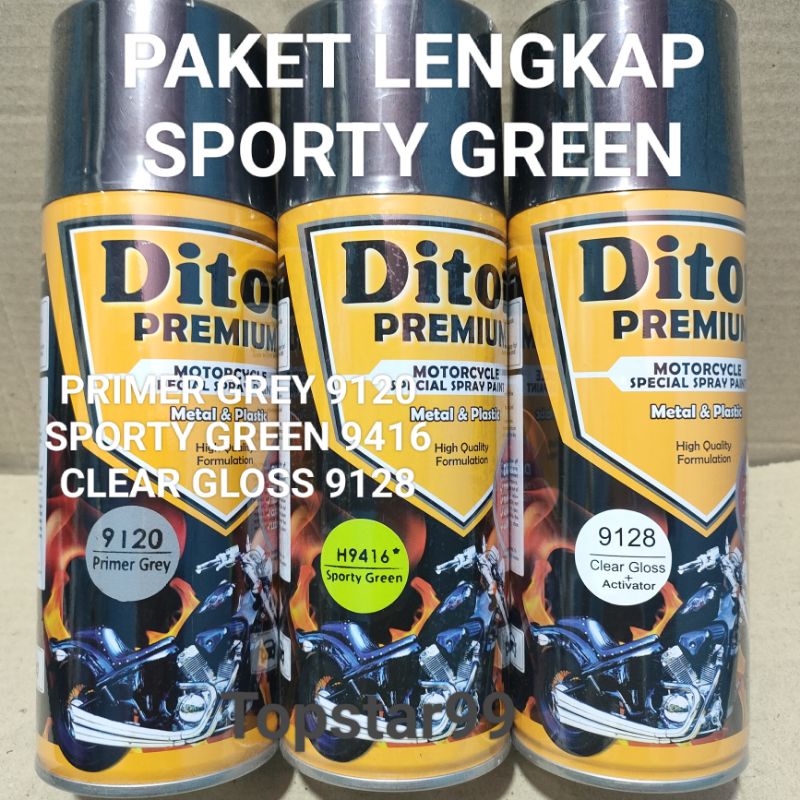 Pilok Cat Diton Premium Paket Lengkap 3 Kaleng Sporty Green 9416 Sporty Hijau muda Primer Grey 9120 Clear Gloss 9128 400cc Pilox Paketan Cat Semprot Special Spray Paint