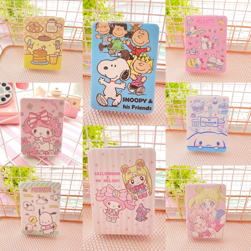 Pocket mirror kaca cermin snoopy Sanrio Cinnamoroll Pompompurin Hello Kitty My Melody Pochacco Sailor Moon