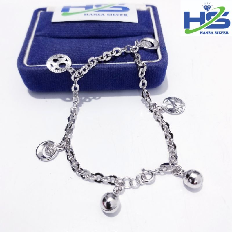 Gelang Perak Asli Silver Tangan Wanita 925 Lapis Emas Putih Rantai Nori Hollo Kopong Gantungan Love - Gelang Perak Wanita Anti Karat