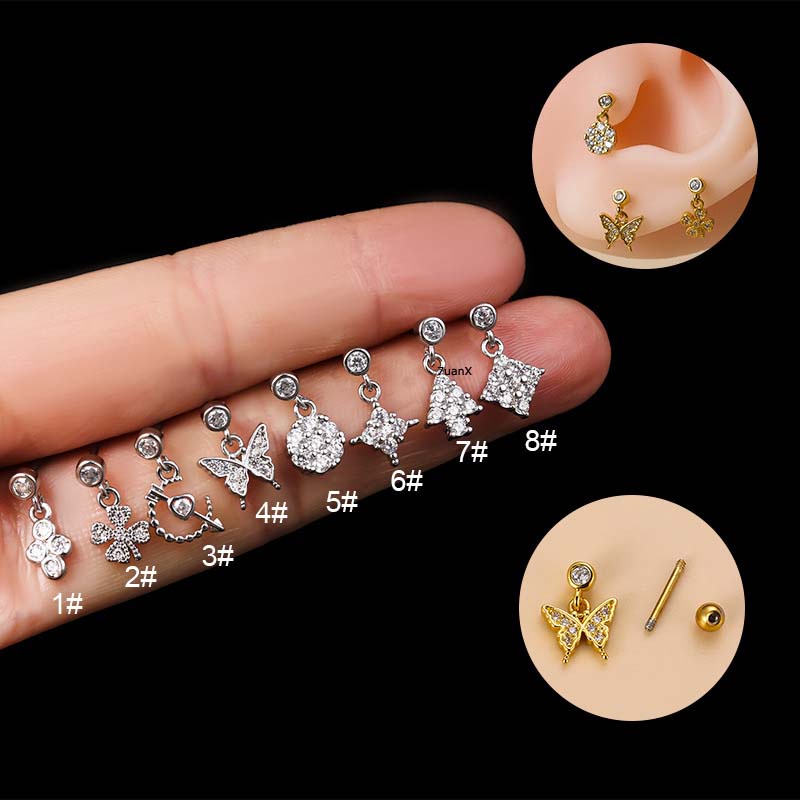 1pc Anting Stud Desain Kupu-Kupu Daun Menjuntai Bahan Stainless Steel Dengan Zircon