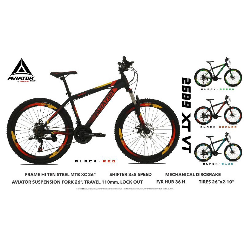 Sepeda Gunung MTB 24 26 27.5 inch Aviator 2689 XT VT 3x8 Speed