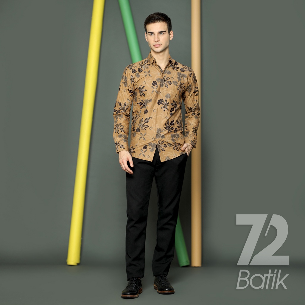 KEMEJA BATIK PRIA Lengan Panjang Premium Motif Daun Pepaya Coklat Choklat Cokelat 723129 Cap 72 - Baju Kemeja Atasan Pakaian Setelan Batik Pria Cowok Laki Laki Remaja Keluarga Kantor Lengan Panjang Modern Slimfit Slim Fit Premium Kekinian