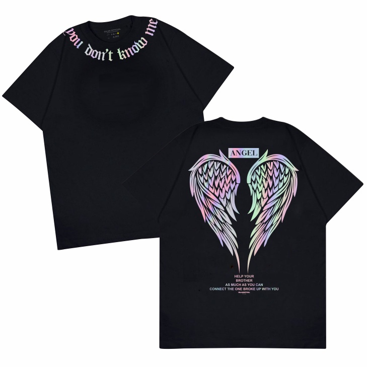 Gilan Kaos Baju PRIA/WANITA ORIGINAL ANGEL WING T Shirt Distro Desain Oversize Premium Hitam Putih Lengan Pendek Panjang Motif Sablon Viral Trendy Jepang Japan Keren Kekinian Unisex-V1 RAINBOW HITAM