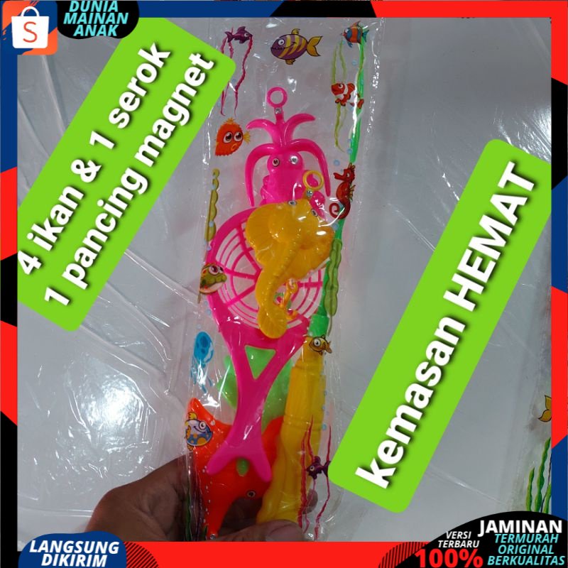 mainan pancing pancingan mancing ikan hewan laut isi 4 ikan &amp; 1 pancing magnet +SEROK- PANCING HEMAT SNI