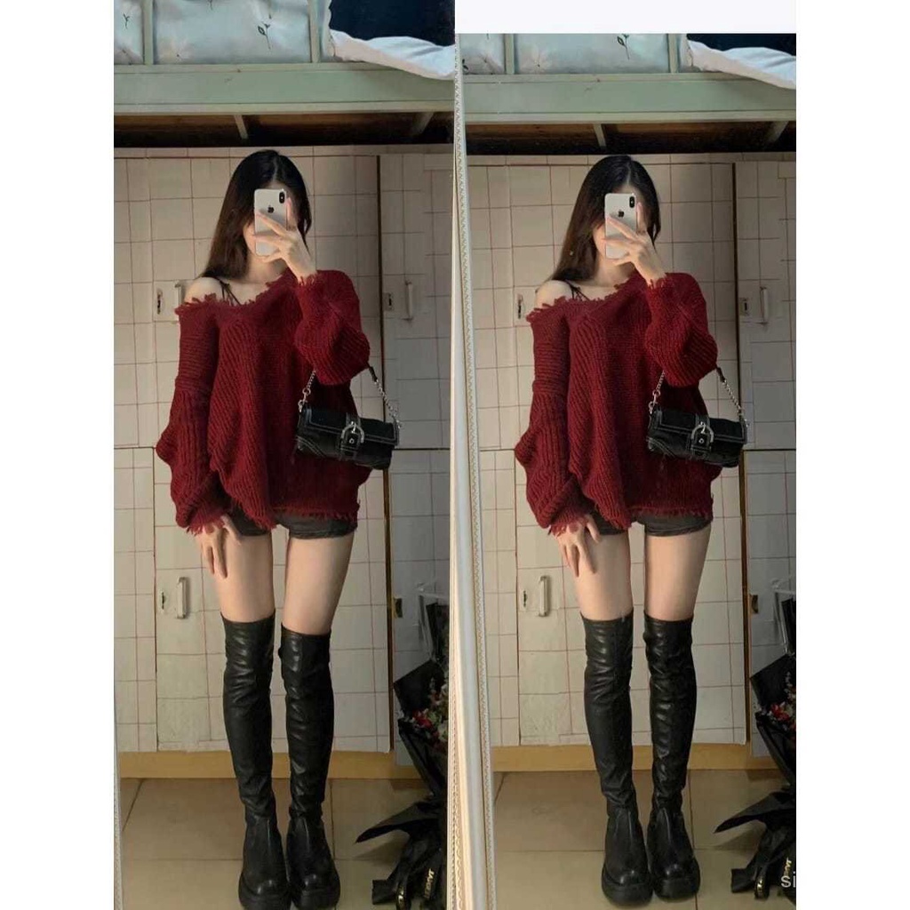 #Sisjuly# Sweater Merah Natal Wanita Atasan Tunik V-Neck Pullover Longgar