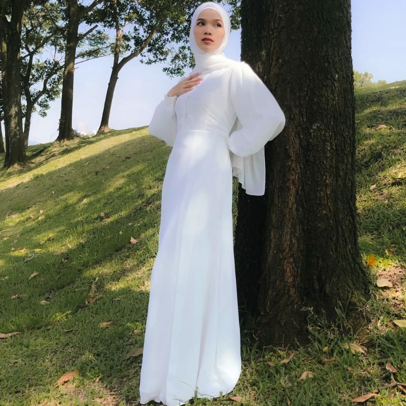 Dress Prewedding Broken White Tebal Premium Size Xs-S Bonus Hijab Putih 3pcs