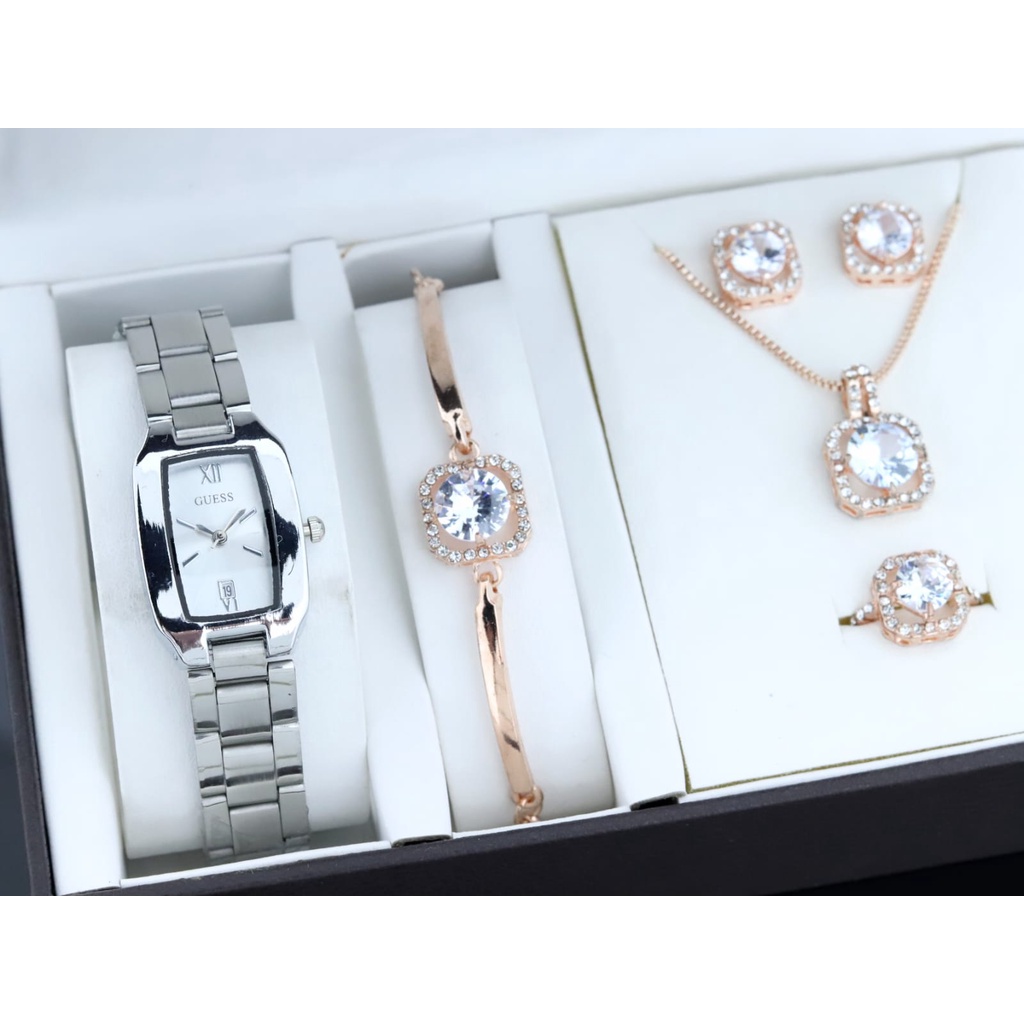 Jam tangan wanita Fullset Kalung Cincin Anting Dan Gelang Strap Rantai Tanggal Aktif